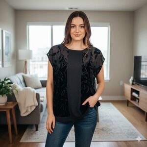 Cabi‎ Women's Black Velvet Leaf Burnout Sheer Overlay Top - Size M